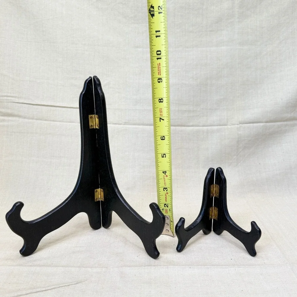 Vintage Folding Wood Display Easels Set of 2 Black Plate Stands Frame Holders